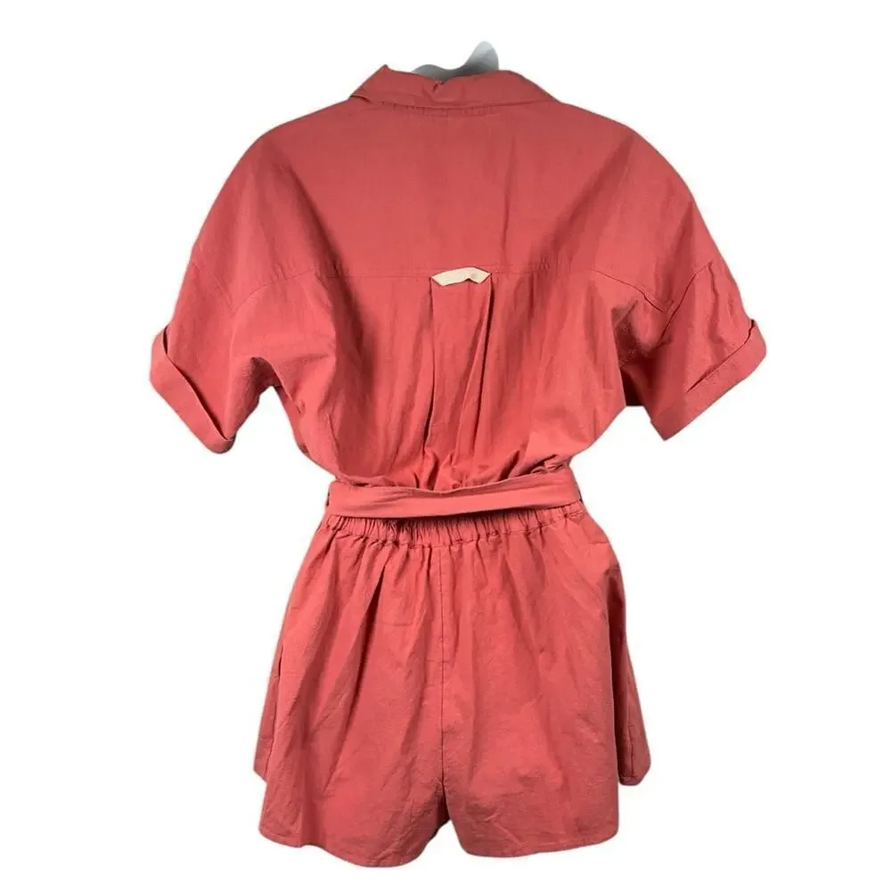 Free People Romper Coral Size XS Button Down Short Sleeve Belted Sinched Waist